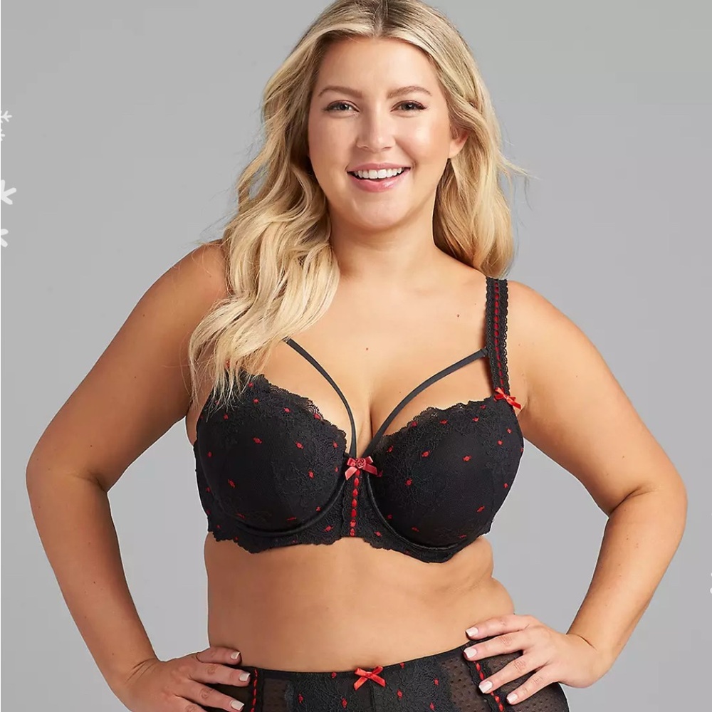 Cacique 38G Scalloped Lace and Ribbon Boost Balconette Black and Red